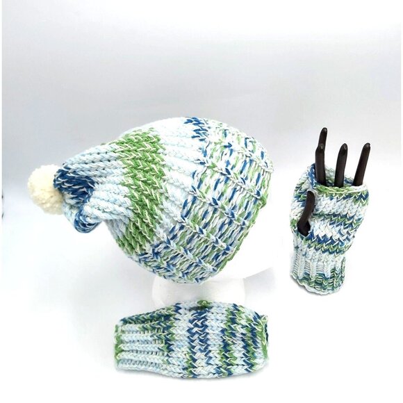 Fingerless Gloves Beanie Hat Toque Pompom Small Blue Green Handmade Loom Knit - Picture 16 of 16